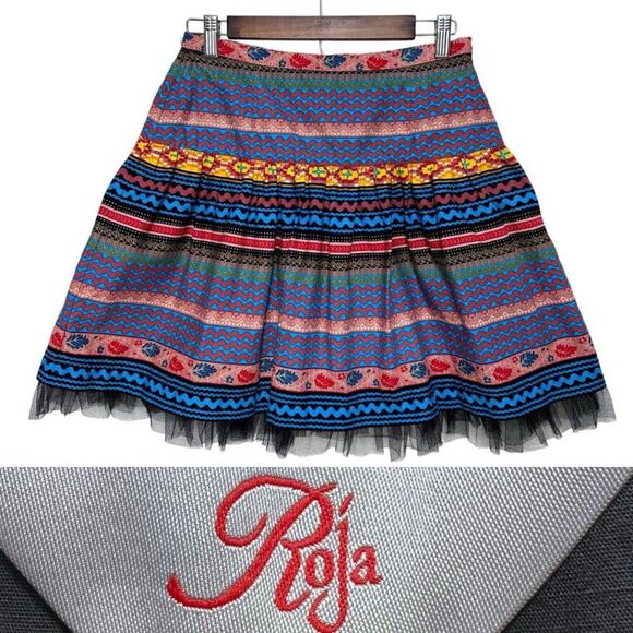 Roja Colorful Mini Circle Skirt Tulle Trim Colorful Southwest Print Sz: M - Picture 2 of 9